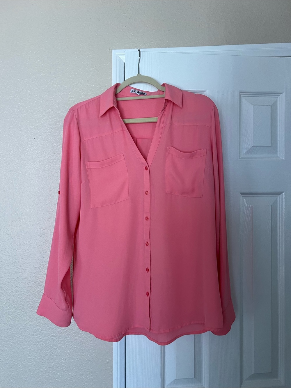 Express Coral Pink V-Neck Button Front Blouse